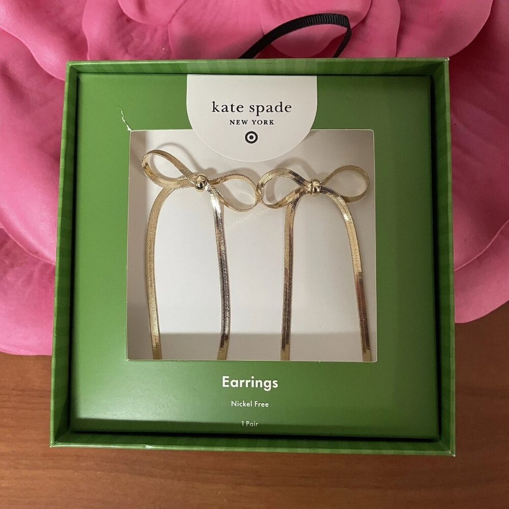 KATE SPADE x TARGET Bow Linear Drop Stud Earrings Gold Toned Fairy‎ Romantic